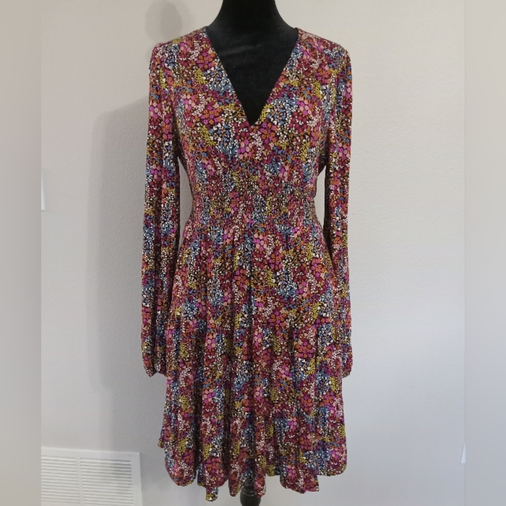 Boden Multicolor Floral Long Sleeves V-Neck Midi Dress